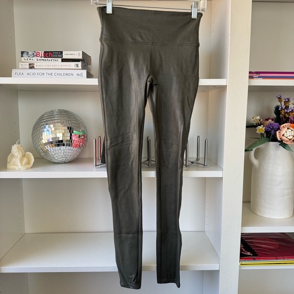 Spanx Olive Green High Waisted Sculpting Faux Leather Metallic Leggings - Picture 2 of 6